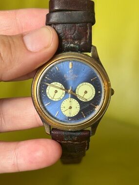 Vintage Elgin Quartz Watch Blue Dial Gold Tone Brown Leather Braided Band